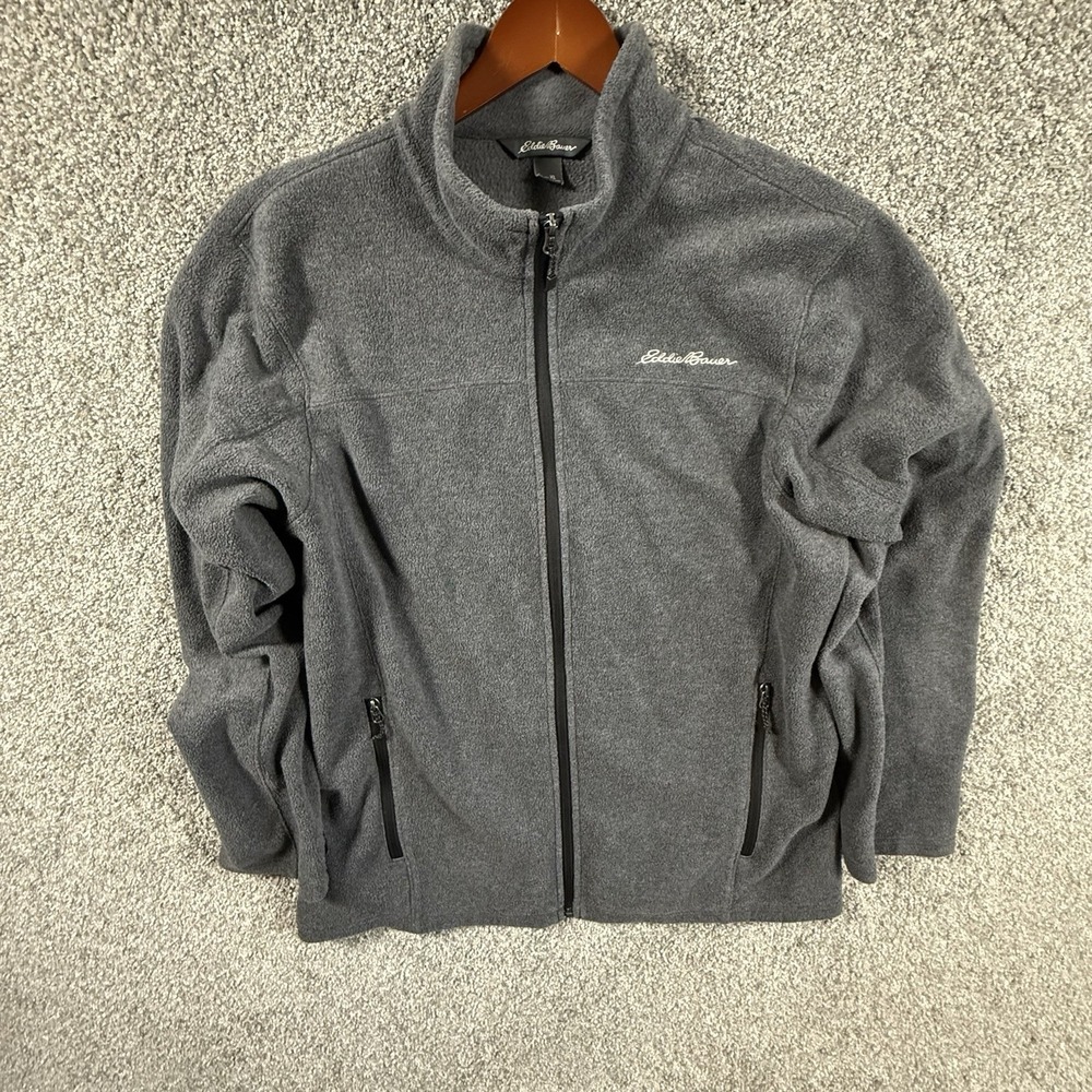 Eddie Bauer Fleece Jacket Mens XL Gray Full Zip Mock Neck Outdoor Polyester